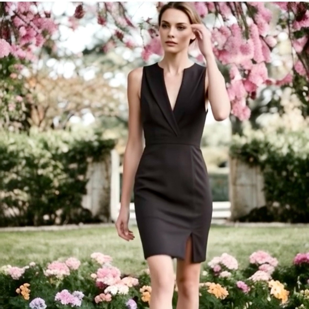 Black Swan Women’s Black Tuxedo Bodycon Midi Dress Deep V Size S